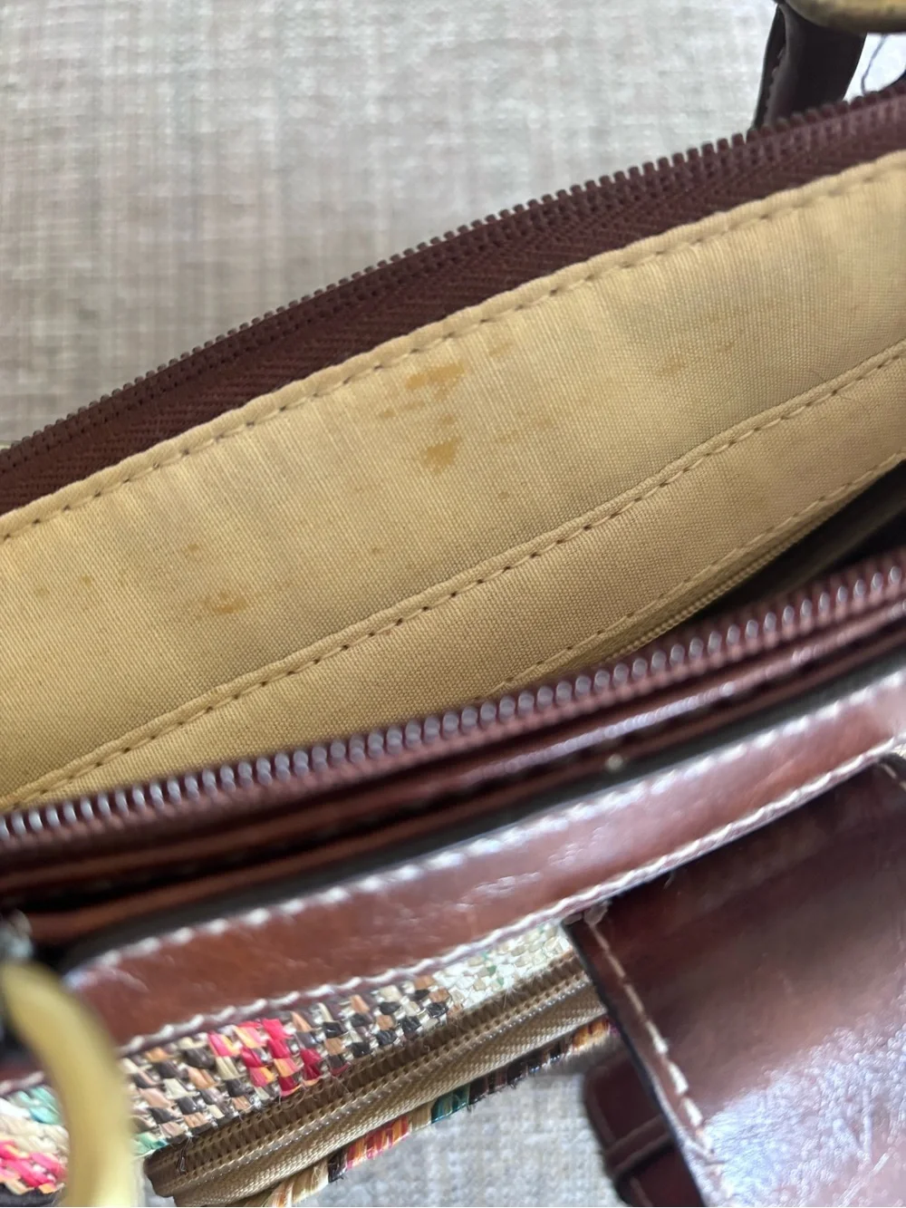 Multicolor Woven Satchel with Brown Leather Trim